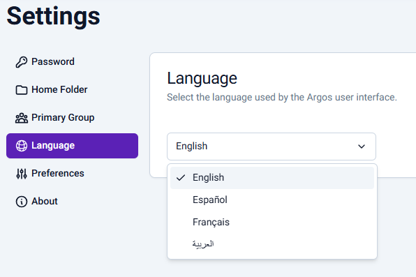 English is selected as the primary language for the interface.